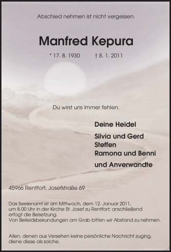 Traueranzeige von Manfred Kepura von Tageszeitung