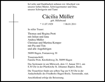 Traueranzeige von Cäcilia Müller von Tageszeitung