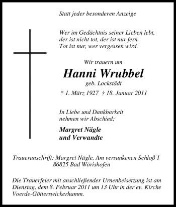 Traueranzeige von Hanni Wrubbel von Tageszeitung