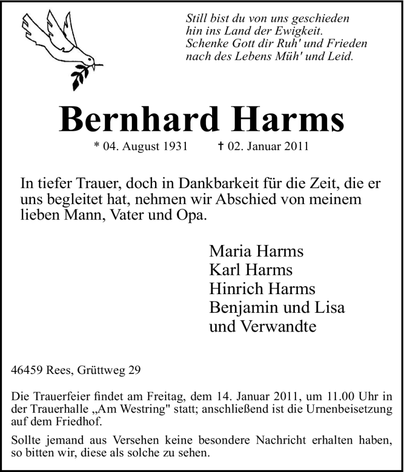  Traueranzeige für Bernhard Harms vom 12.01.2011 aus Tageszeitung