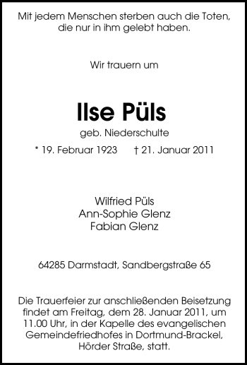 Traueranzeige von Ilse Püls von Tageszeitung