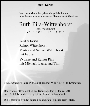 Traueranzeige von Ruth Pira-Wittenhorst von Tageszeitung