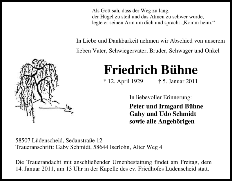  Traueranzeige für Friedrich Bühne vom 11.01.2011 aus Tageszeitung