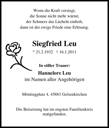 Traueranzeige von Siegfried Leu von Tageszeitung