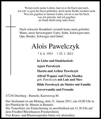 Traueranzeige von Alois Pawelczyk von Tageszeitung