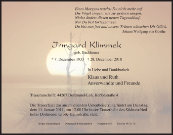 Traueranzeige von Irmgard Klimmek von Tageszeitung