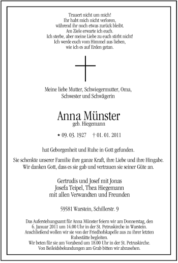 Traueranzeige von Anna Münster von Tageszeitung