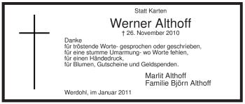 Traueranzeige von Werner Althoff von Tageszeitung