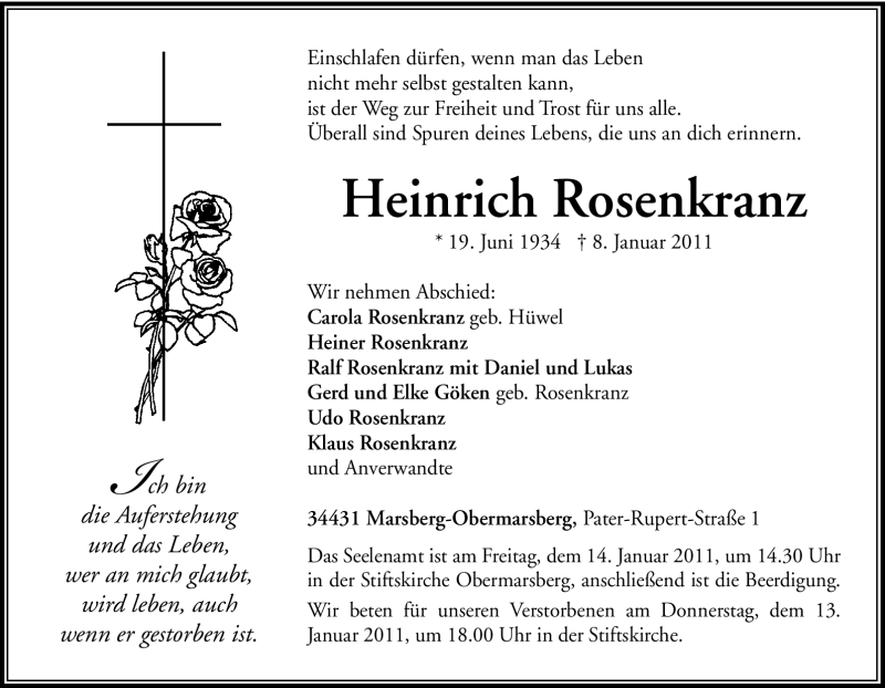  Traueranzeige für Heinrich Rosenkranz vom 10.01.2011 aus Tageszeitung