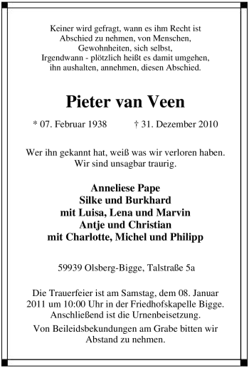 Traueranzeige von Pieter van Veen von Tageszeitung
