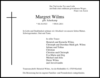Traueranzeige von Margret Wilms von Tageszeitung