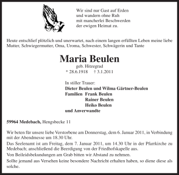 Traueranzeige von Maria Beulen von Tageszeitung