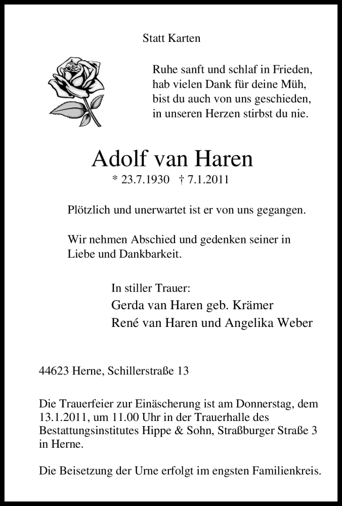  Traueranzeige für Adolf van Haren vom 11.01.2011 aus Tageszeitung