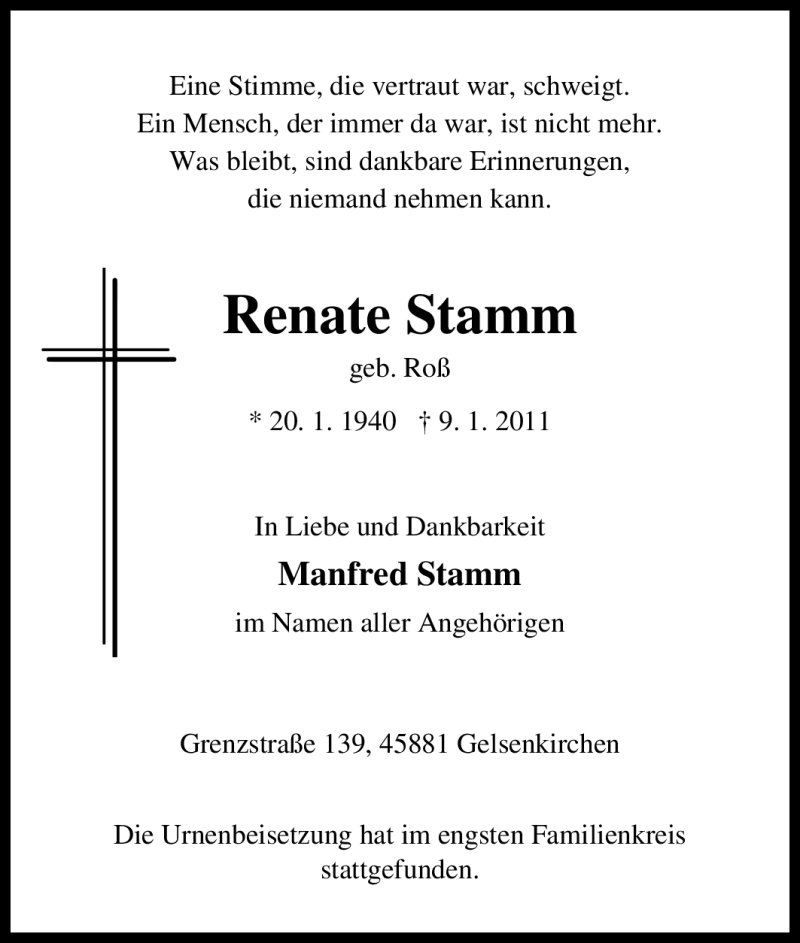  Traueranzeige für Renate Stamm vom 22.01.2011 aus Tageszeitung