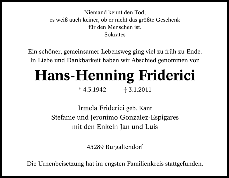  Traueranzeige für Hans-Henning Friderici vom 15.01.2011 aus Tageszeitung