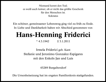 Traueranzeige von Hans-Henning Friderici von Tageszeitung