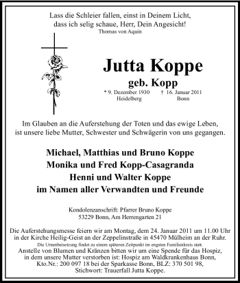 Traueranzeige von Jutta Koppe von Tageszeitung