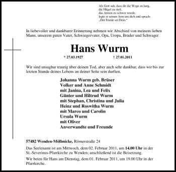 Traueranzeige von Hans Wurm von Tageszeitung