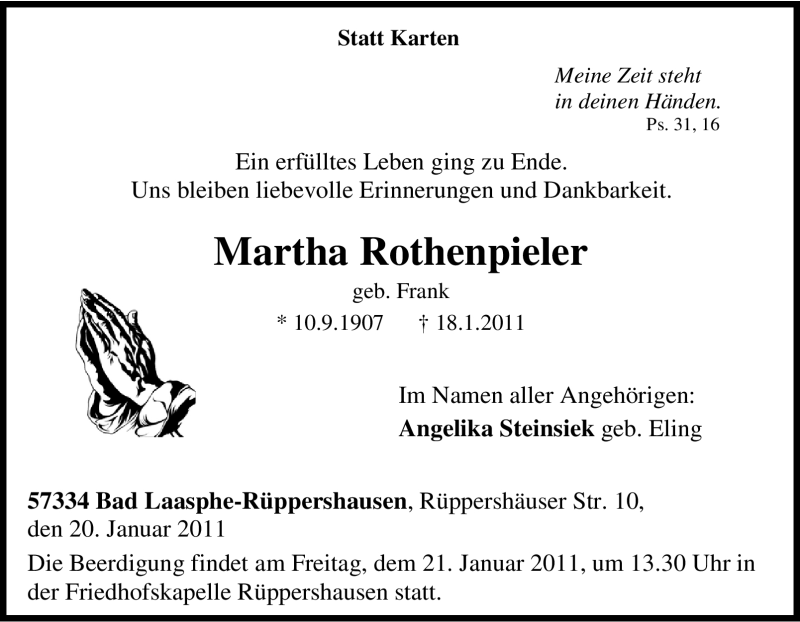 Traueranzeige für Martha Rothenpieler vom 20.01.2011 aus Tageszeitung