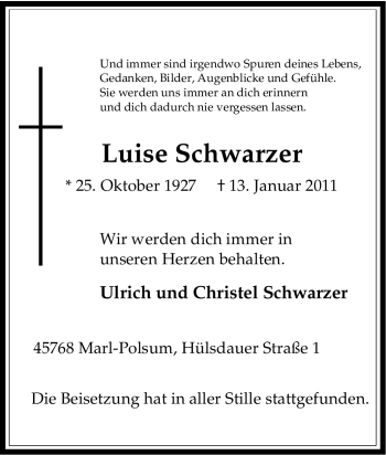 Traueranzeige von Luise Schwarzer von Tageszeitung