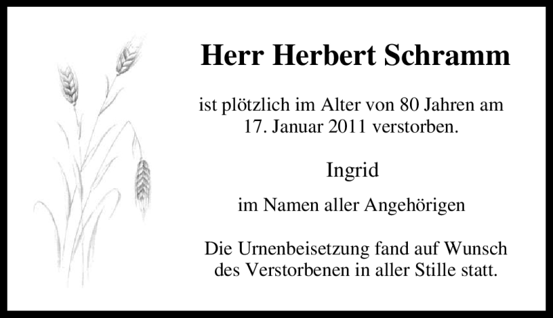  Traueranzeige für Herbert Schramm vom 29.01.2011 aus Tageszeitung