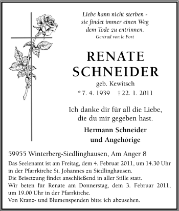 Traueranzeige von Renate Schneider von Tageszeitung