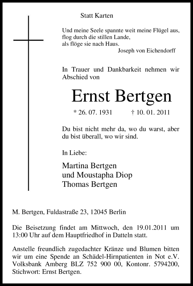  Traueranzeige für Ernst Bertgen vom 15.01.2011 aus Tageszeitung