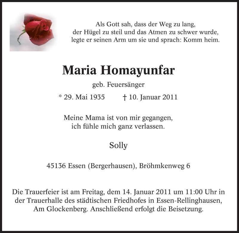  Traueranzeige für Maria Feuersänger vom 13.01.2011 aus Tageszeitung