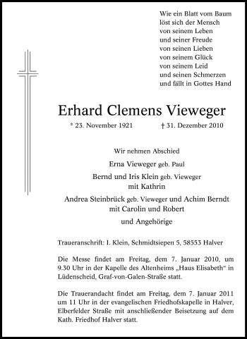 Traueranzeige von Erhard Clemens Vieweger von Tageszeitung