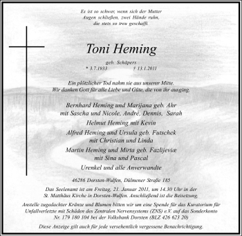 Traueranzeige von Toni Heming von Tageszeitung