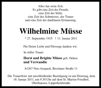 Traueranzeige von Wilhelmine Müsse von Tageszeitung