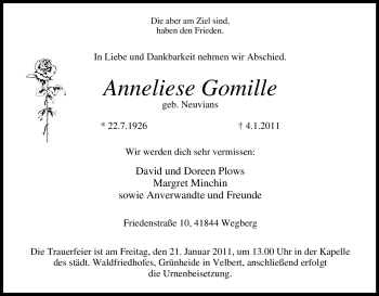 Traueranzeige von Anneliese Gomille von Tageszeitung