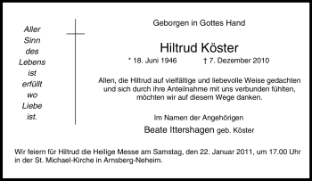 Traueranzeige von Hiltrud Köster von Tageszeitung