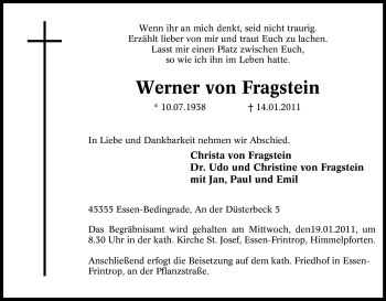 Traueranzeige von Werner von Fragstein von Tageszeitung
