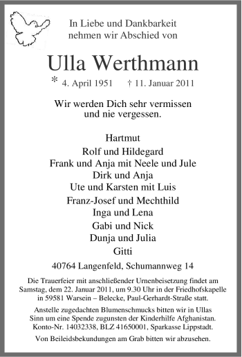 Traueranzeige von Ulla Werthmann von Tageszeitung
