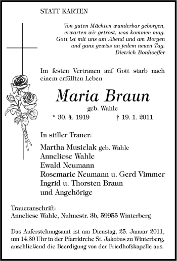 Traueranzeige von Maria Braun von Tageszeitung