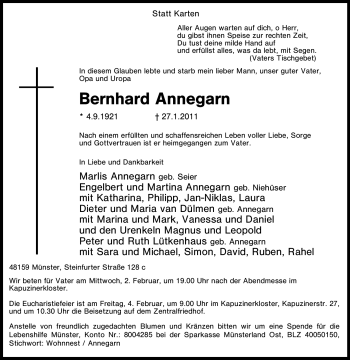 Traueranzeige von Bernhard Annegarn von Tageszeitung