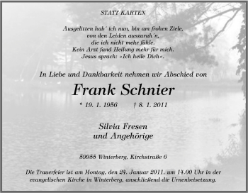 Traueranzeige von Frank Schnier von Tageszeitung