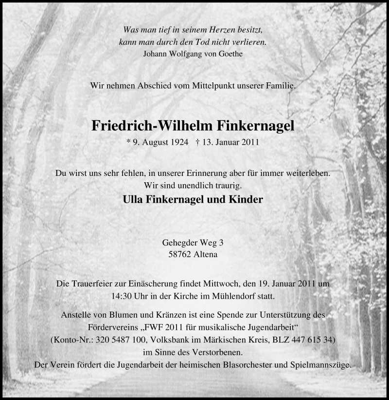  Traueranzeige für Friedrich-Wilhelm Finkernagel vom 15.01.2011 aus Tageszeitung
