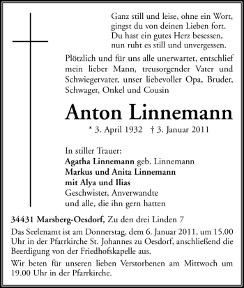 Traueranzeige von Anton Linnemann von Tageszeitung