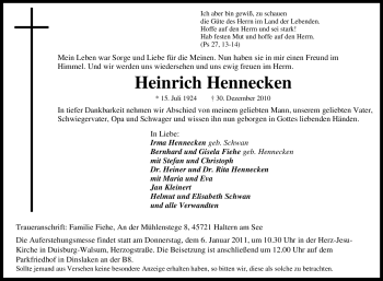 Traueranzeige von Heinrich Hennecken von Tageszeitung