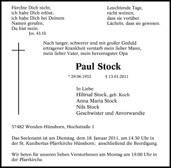 Traueranzeige von Paul Stock von Tageszeitung