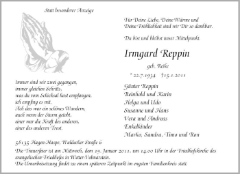 Traueranzeige von Irmgard Reppin von Tageszeitung