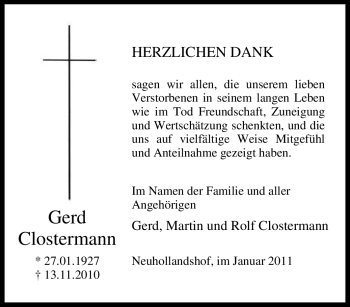 Traueranzeige von Gerd Clostermann von Tageszeitung