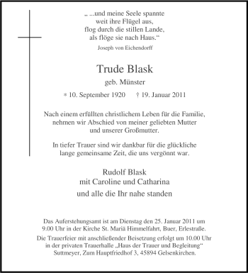 Traueranzeige von Trude Blask von Tageszeitung