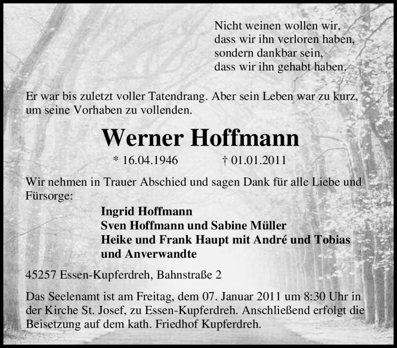  Traueranzeige für Werner Hoffmann vom 04.01.2011 aus Tageszeitung