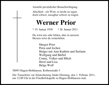 Traueranzeige von Werner Prior von Tageszeitung