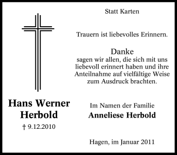 Traueranzeige von Hans Werner Herbold von Tageszeitung