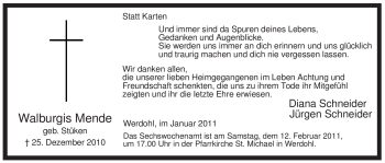 Traueranzeige von Walburgis Mende von Tageszeitung
