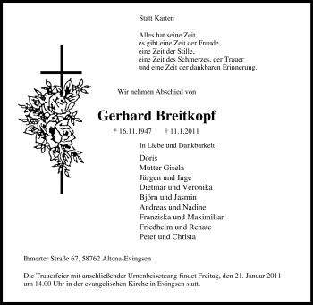 Traueranzeige von Gerhard Breitkopf von Tageszeitung